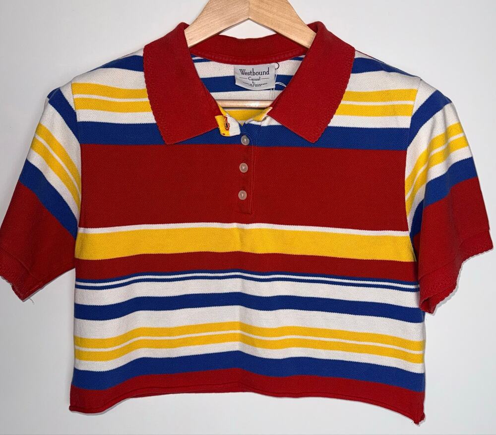 Vintage 90s Westbound Cropped Polo Striped Shirt L 100% Cotton